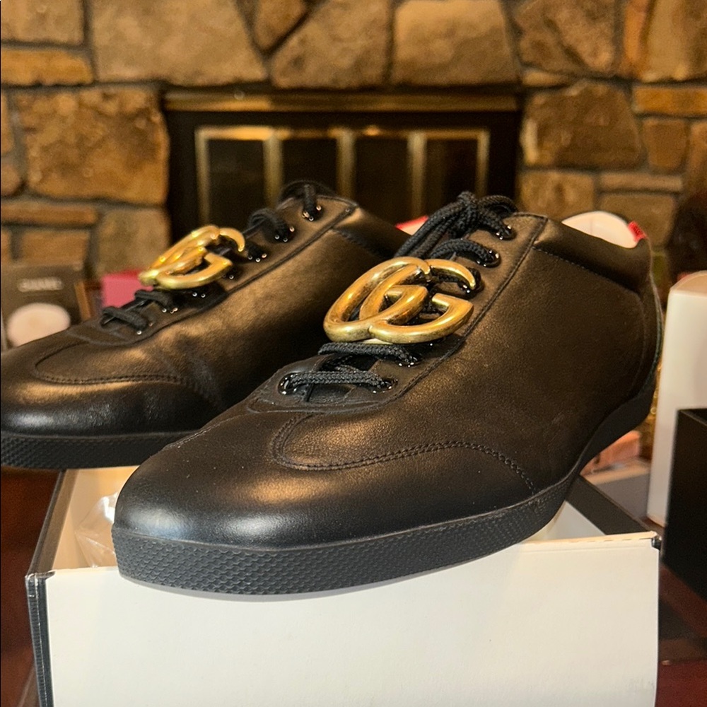 Gucci Black Leather Sneakers with Gold Double G